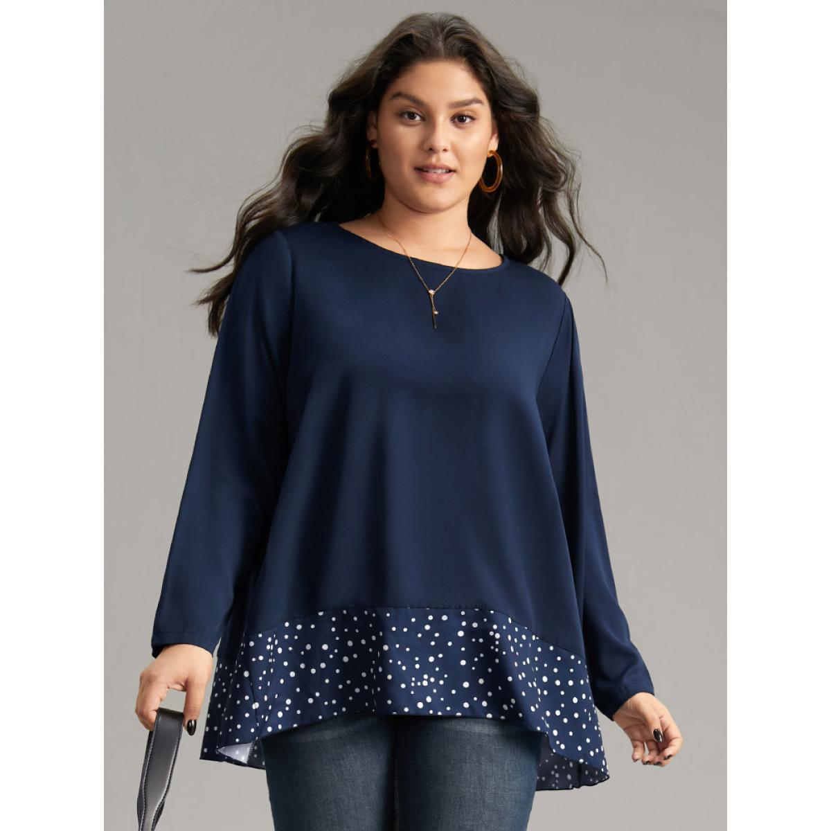 Plus Size Indigo Polka Dot Patchwork Long Sleeve Blouse Women Office Long Sleeve Round Neck Work Blouses BloomChic 12/L Product Image