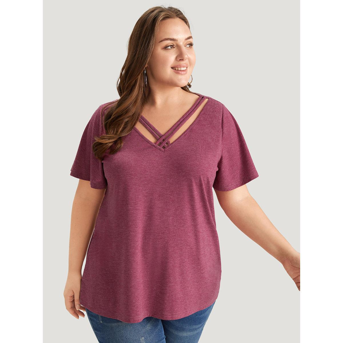 Plus Size Plain Ruffle Sleeve Heather Crisscross Neck T-shirt RedViolet Women Casual Heather Plain V-neck Dailywear T-shirts BloomChic 30/6X Product Image