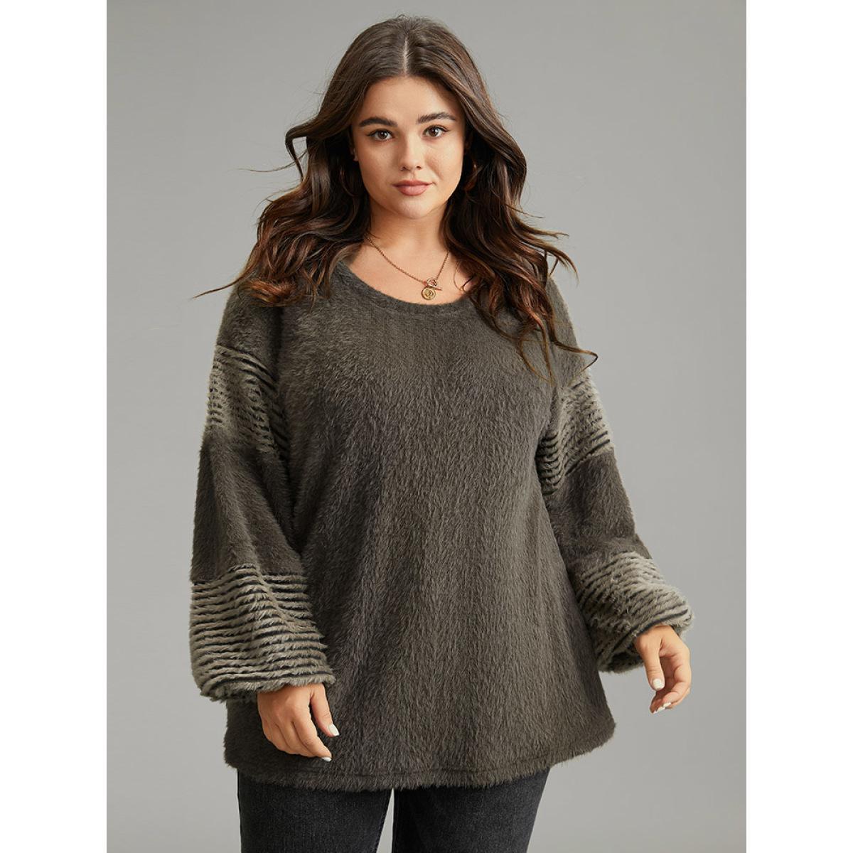 Plus Size Striped Patchwork Lantern Sleeve Fluffy Sweatshirt Women DarkBrown Casual Loose Round Neck Dailywear Sweatshirts BloomChic 18-20/2X Product Image