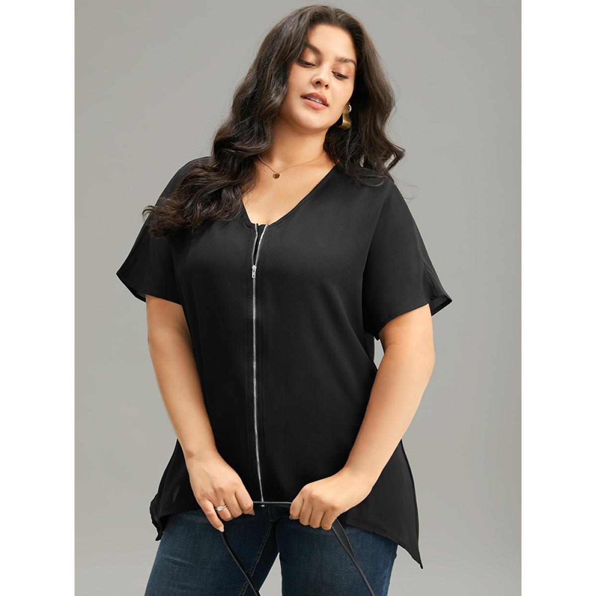Plus Size Black Plain Zipper Curved Hem Blouse Women Office Short sleeve V-neck Work Blouses BloomChic 18-20/2X Product Image