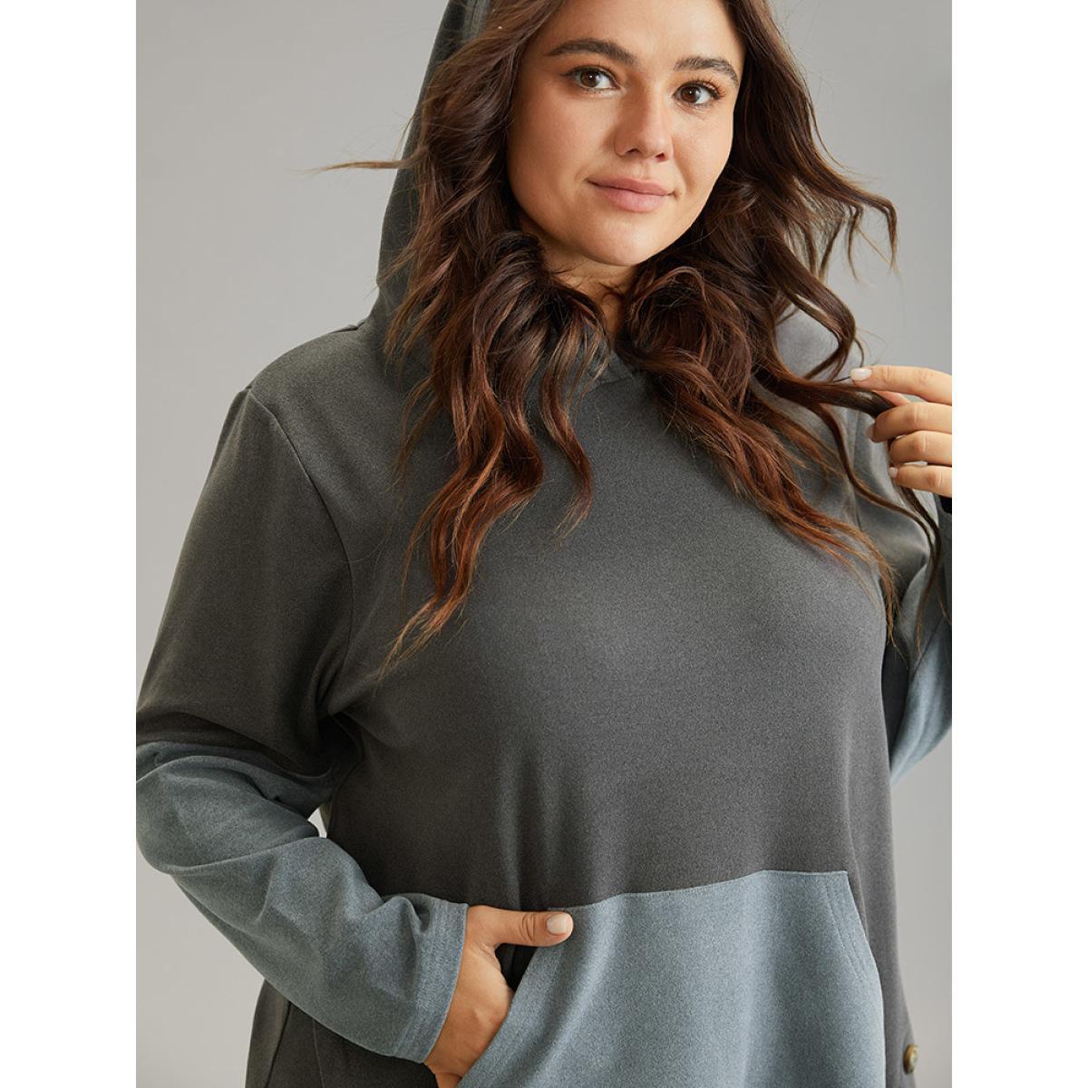 Plus Size Contrast Kangaroo Pocket Hooded Button Detail Sweatshirt Women DimGray Elegant Contrast Hooded Dailywear Sweatshirts BloomChic 10/M Product Image