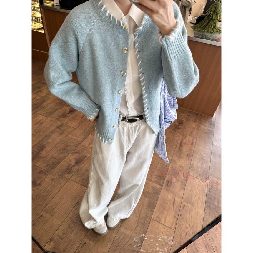 Round Neck Melange Contrast Stitching Cardigan Product Image