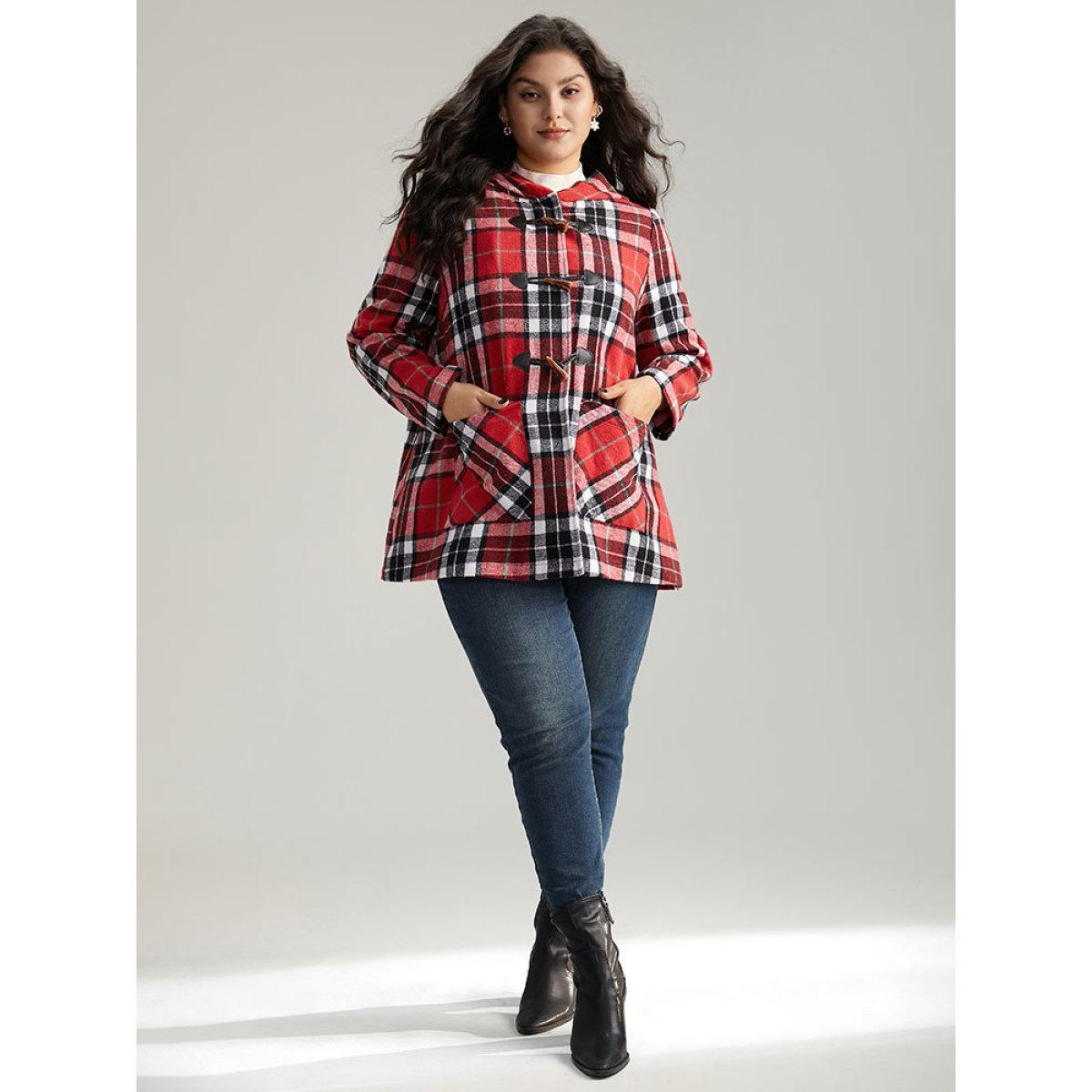 Plus Size Plaid Hooded Pocket Duffle Button Coat Women Crimson Casual Contrast Ladies Dailywear Winter Coats BloomChic 10/M Product Image