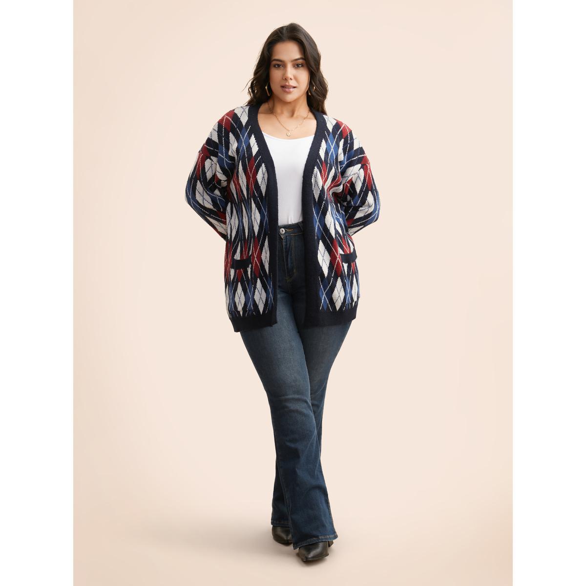 Plus Size Plaid Drop Shoulder Pocket Cardigan Midnight Women Casual Loose Long Sleeve Everyday Cardigans BloomChic 18-20/2X Product Image