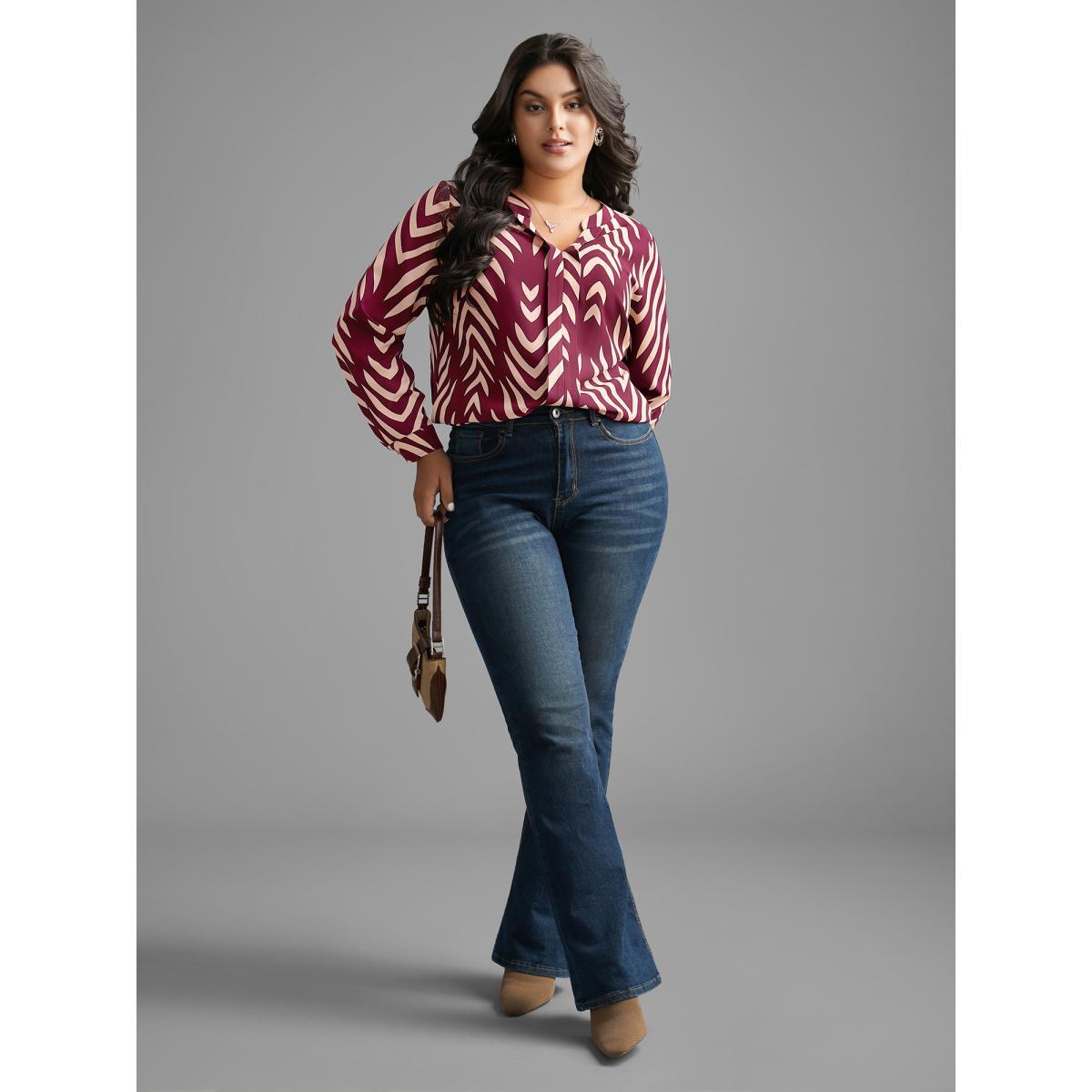 Plus Size RedViolet Geometric Notched Pleated Slit Hem Blouse Women At the Office Extra Long Sleeve Notched collar Work Blouses BloomChic 10/M Product Image