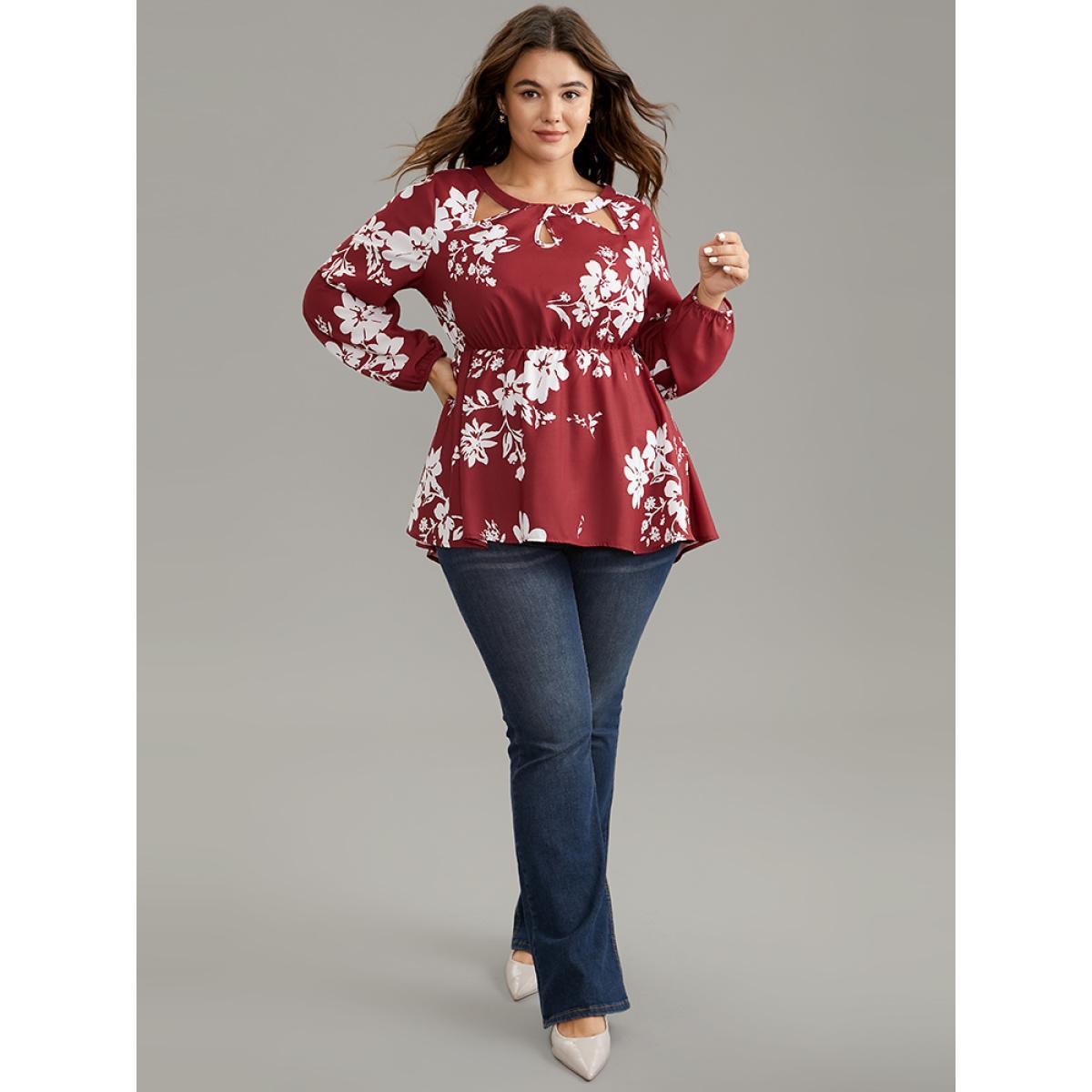 Plus Size Scarlet Silhouette Floral Print Elastic Waist Cut Out Blouse Women Elegant Long Sleeve Round Neck Dailywear Blouses BloomChic 30/6X Product Image