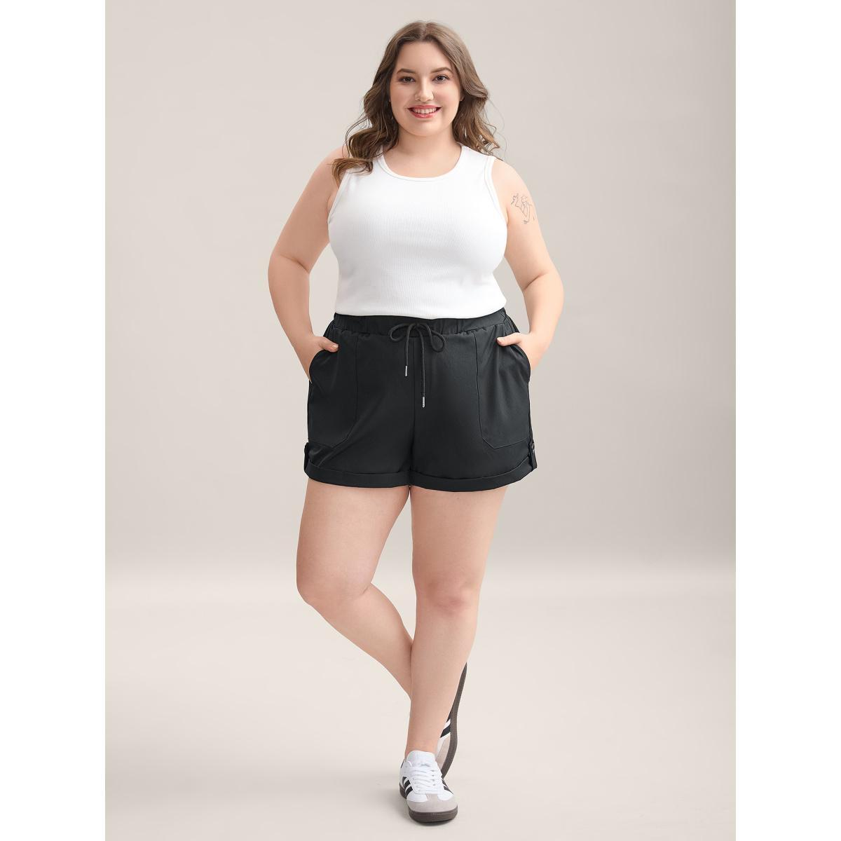 Plus Size Rolled Hem Straight-Leg Drawstring Shorts Women Black Casual Roll Hem Straight Leg Everyday-Casual Shorts BloomChic 12/L Product Image