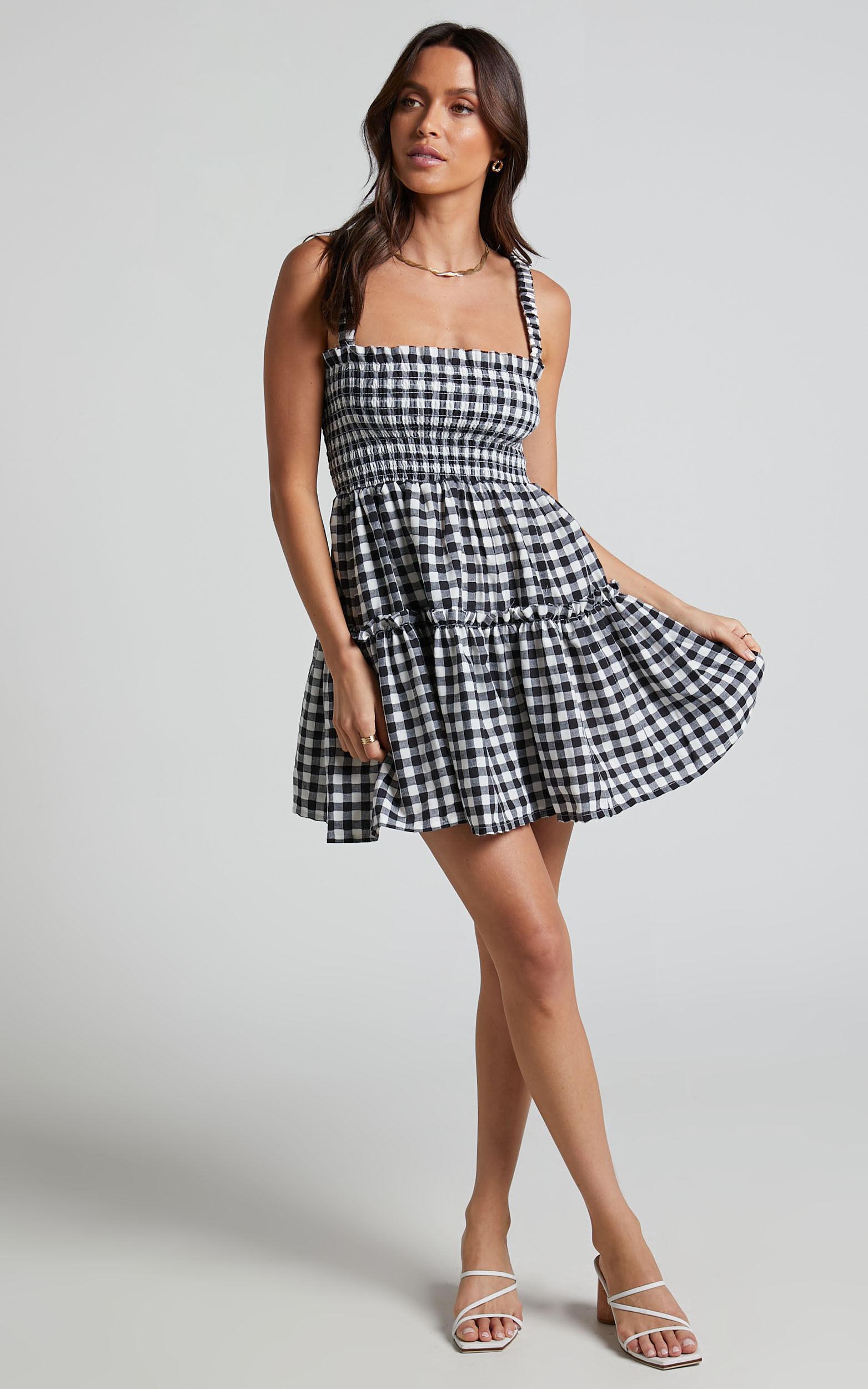 Wilda Mini Dress - Shirred Tiered Dress in Black and White Check Product Image