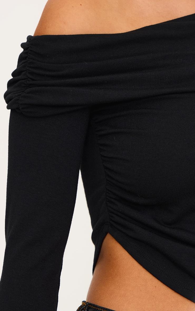 Black Contour Jersey Fold Over Detail Bardot Long Sleeve Top Product Image