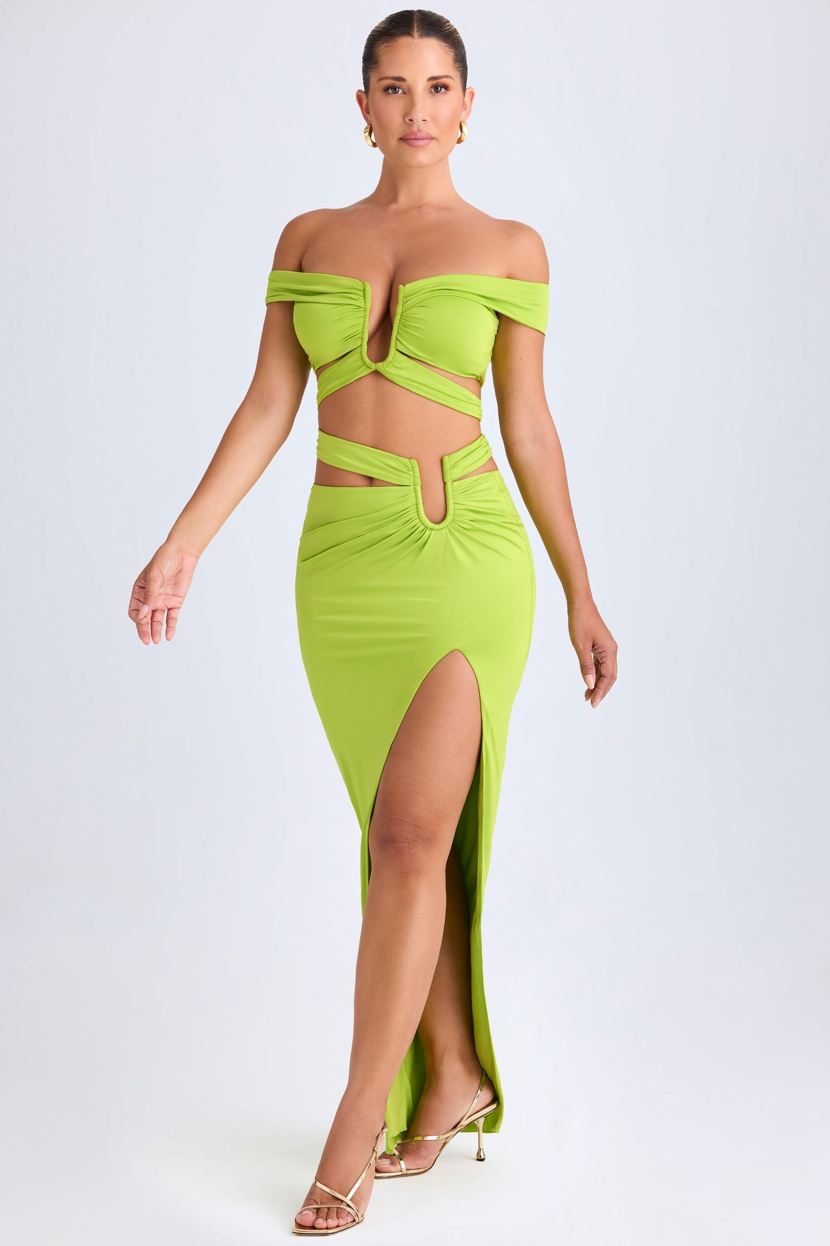 Cut-Out Off-Shoulder Crop Top in Lime Green Product Image