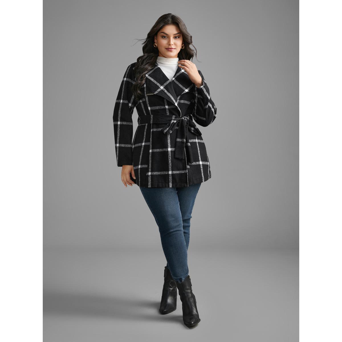Plus Size Plaid Lapel Collar Belted Jacket Women Black Belted Slanted pocket Belt Everyday Jackets BloomChic 18-20/2X Product Image