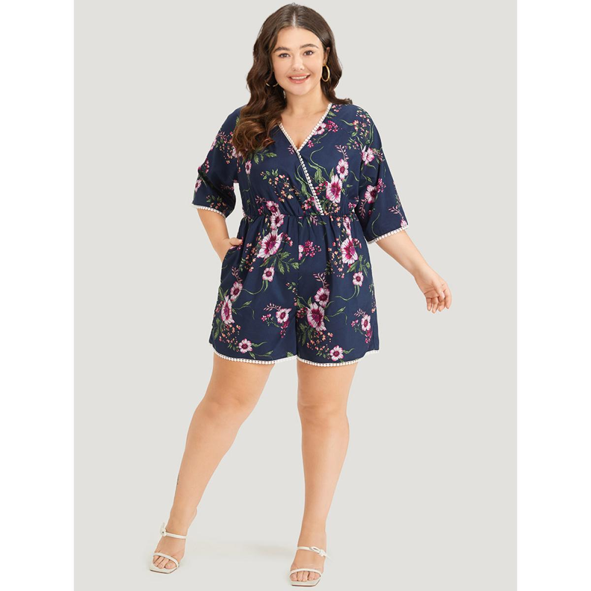 Plus Size DarkBlue Floral Print Overlap Collar Contrast Trim Pocket Jumpsuit Women Vacation Elbow-length sleeve V-neck Dailywear Loose Jumpsuits BloomChic 12/L Product Image