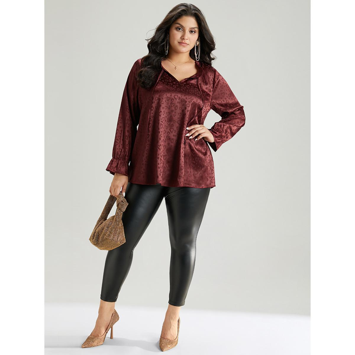 Plus Size Scarlet Solid Knot Neck Frill Trim Flutter Sleeve Blouse Women Glamour Long Sleeve Tie Neck Festival-Christmas Blouses BloomChic 10/M Product Image