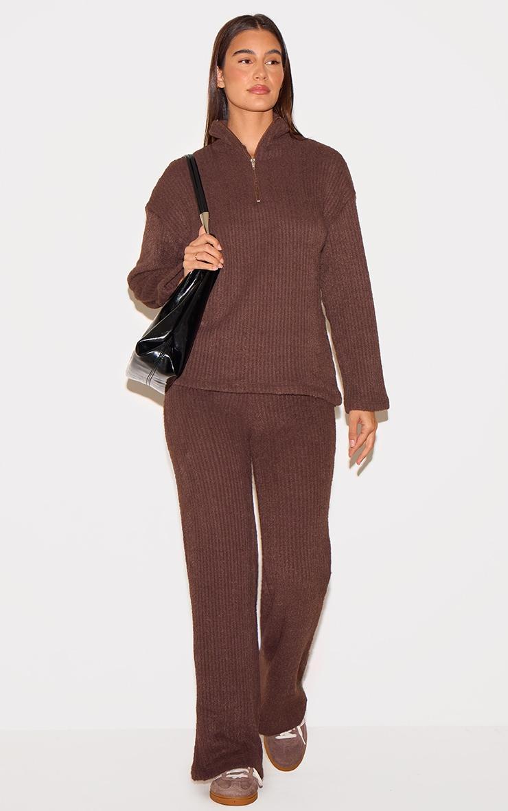 Chocolate Textured Soft Rib Half Zip High Neck Oversized Long Top Product Image