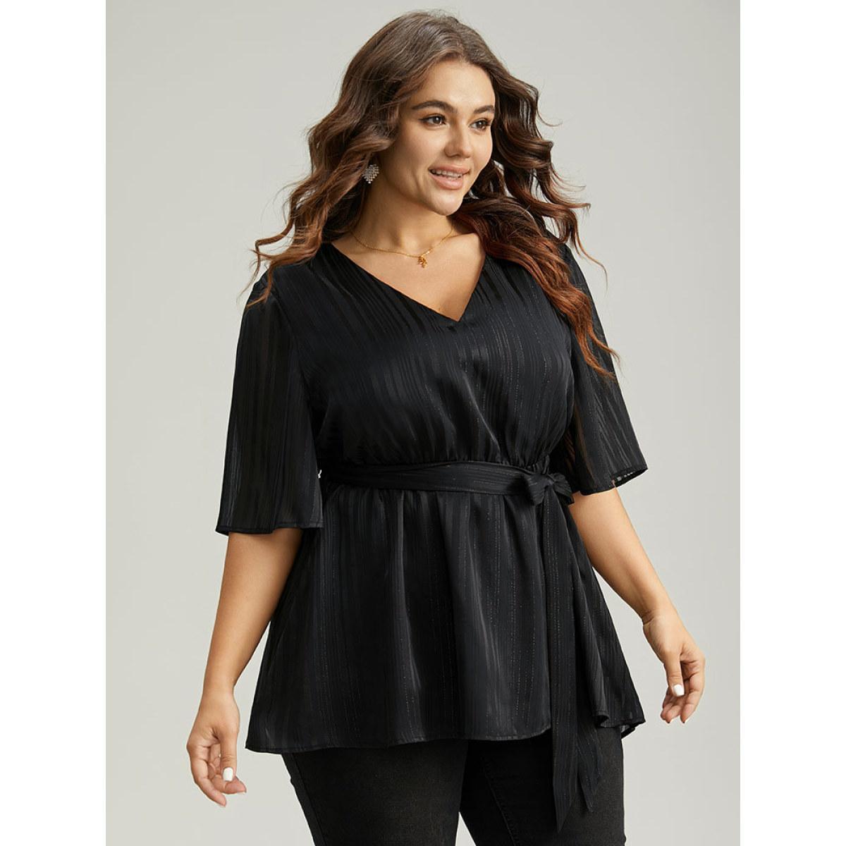 Plus Size Black Solid Chiffon Belted High Low Hem Blouse Women Elegant Half Sleeve V-neck Everyday Blouses BloomChic 30/6X Product Image