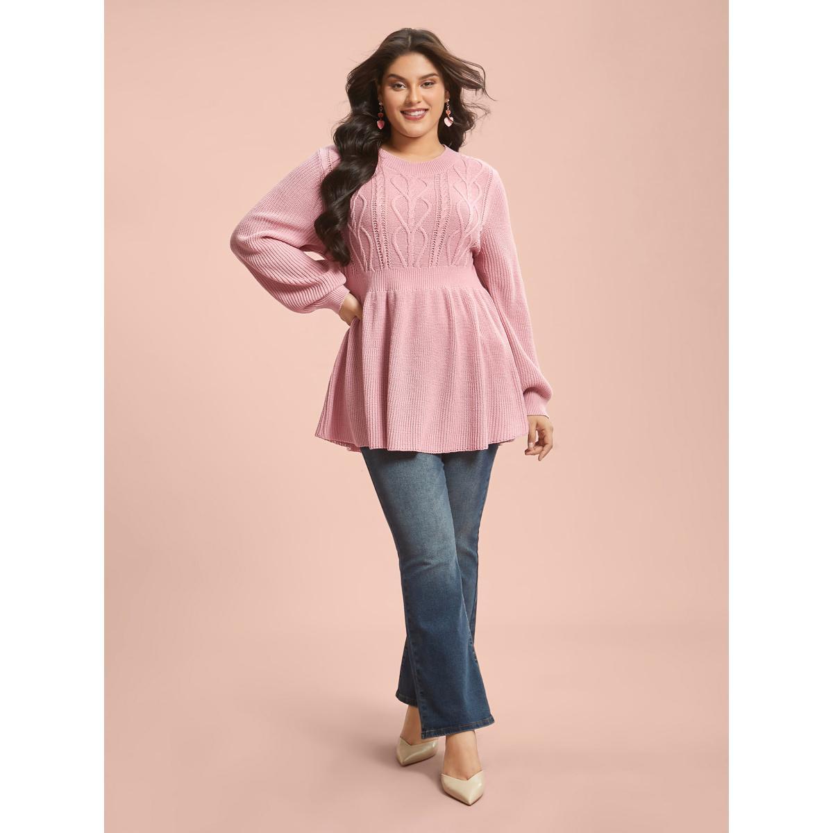 Plus Size Textured Cable-Knit Waist Cinched Pullover Nudepink Women Elegant Bodycon Long Sleeve Round Neck Everyday Pullovers BloomChic 18-20/2X Product Image