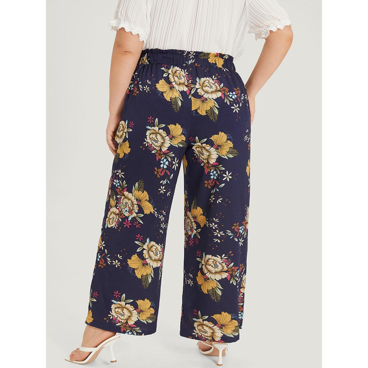 Plus Size Floral Print Pocket Elastic Waist Wide High Rise Pants Women Indigo Elegant Straight Leg High Rise Dailywear Pants BloomChic 18-20/2X Product Image