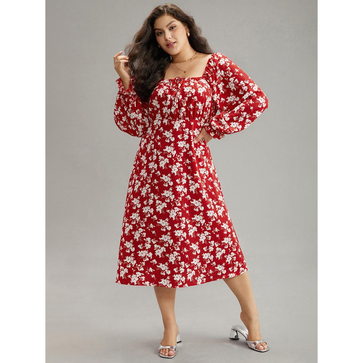 Plus Size Silhouette Floral Print Ties Lantern Sleeve Dress Crimson Women Elegant Gathered Square Neck Long Sleeve Curvy Midi Dress BloomChic 14-16/1X Product Image