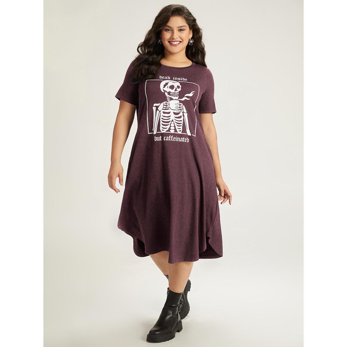Plus Size Halloween Skull Print Pocket Arc Hem Dress DarkBrown Women Casual Printed Curvy Midi Dress BloomChic 30/6X Product Image