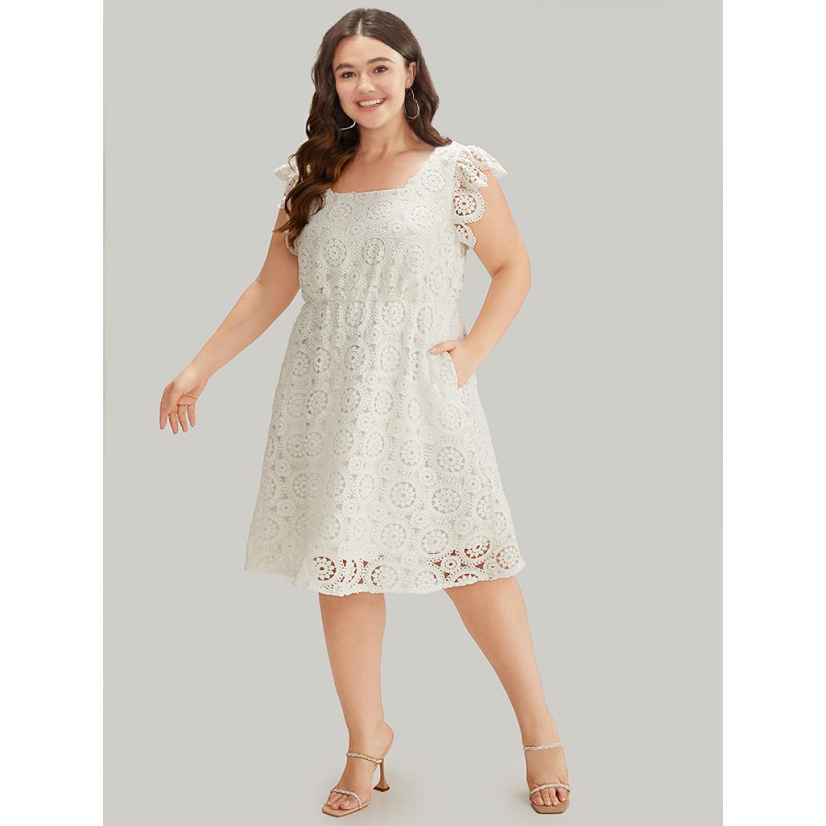 Plus Size Plain Lace Flutter Trim Pocket Square Neck Dress White Women Glamour Lined Square Neck Sleeveless Curvy Midi Dress BloomChic 30/6X Product Image