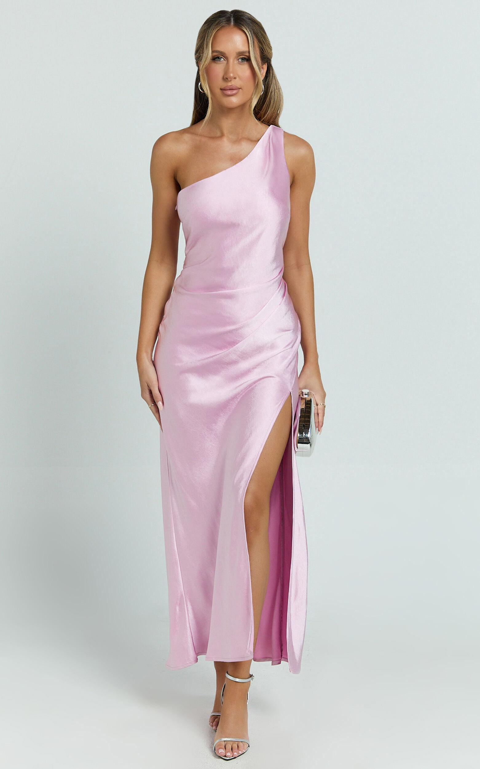 Isla Maxi Dress - Satin One Shoulder Side Split Dress in Pink Product Image