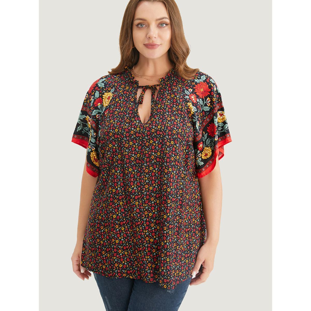 Plus Size Black Ditsy Floral Tie Neck Ruffles Raglan Sleeve Blouse Women Vacation Short sleeve V-neck Dailywear Blouses BloomChic 18-20/2X Product Image