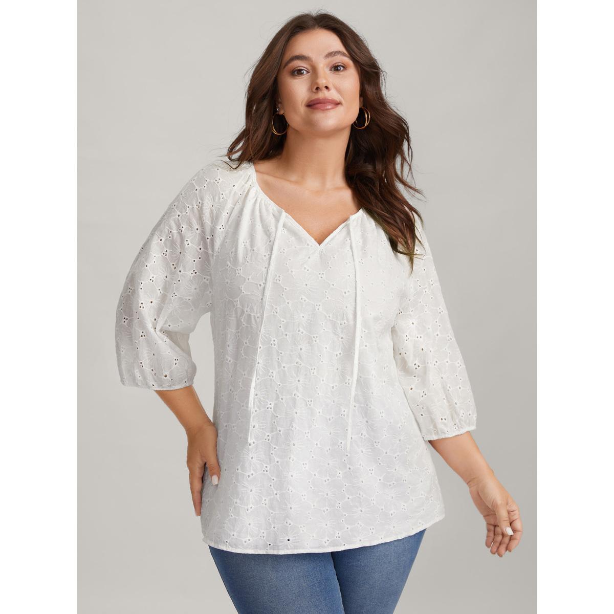Plus Size WhiteSmoke Pure Cotton Eyelet Texture Blouse Women Elbow-length sleeve Notched collar Everyday-Elegant Blouses BloomChic 30/6X Product Image