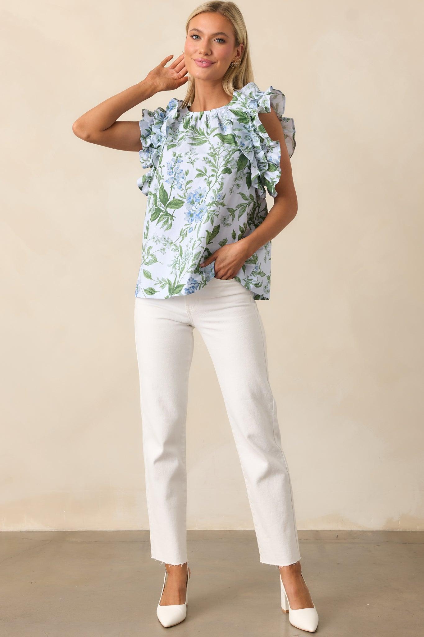 Charlotte Blue Lilacs Botanical Print Cotton Ruffle Top Product Image