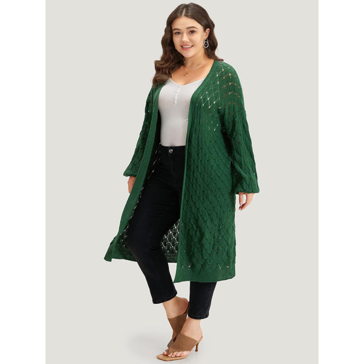 Plus Size Plain Geo Eyelet Drop Shoulder Maxi Cardigan Emerald Women Casual Loose Long Sleeve Dailywear Cardigans BloomChic 18-20/2X Product Image