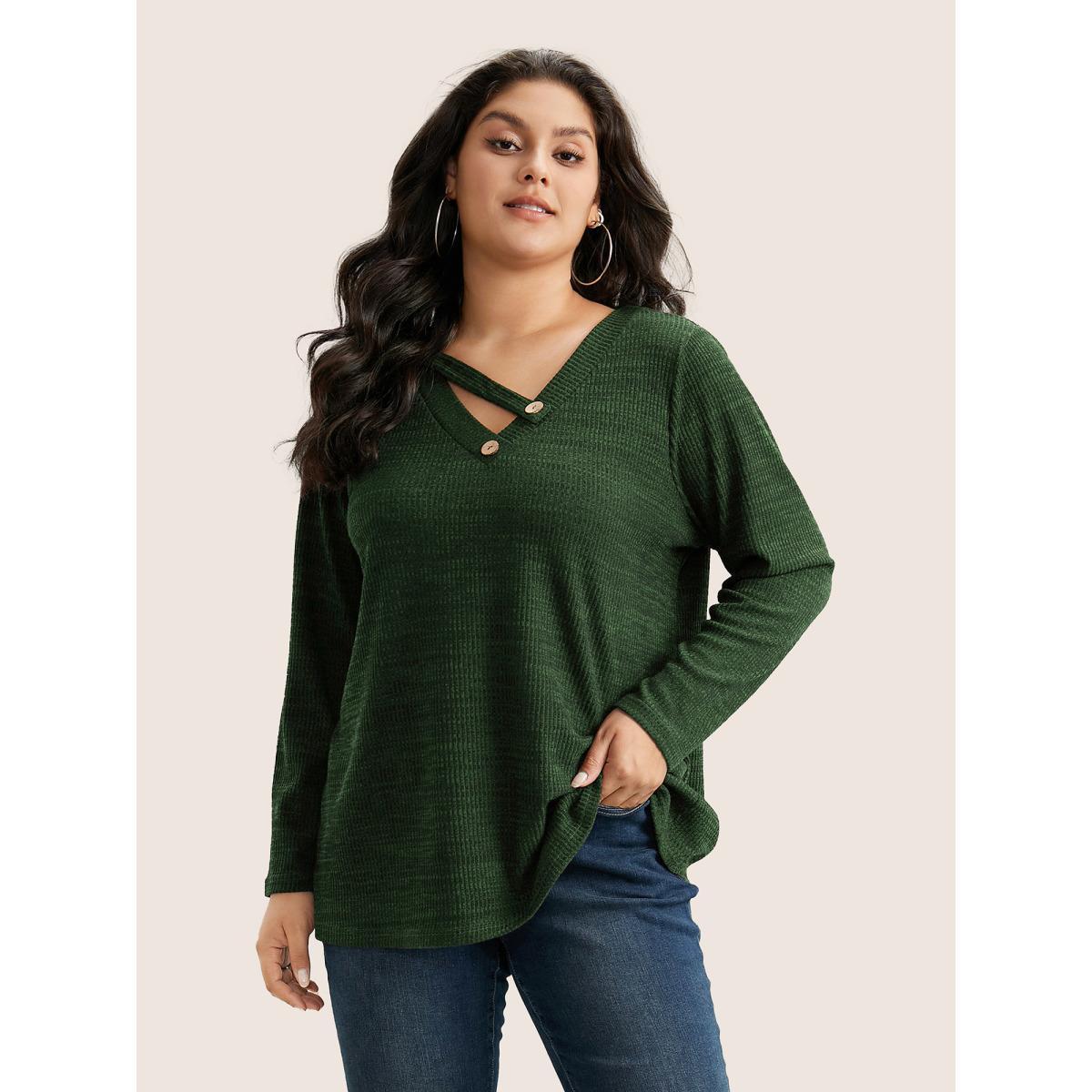 Plus Size Solid Rib Knit Button Detail T-shirt Red Women Casual Non Plain V-neck Everyday T-shirts BloomChic 22-24/3X Product Image