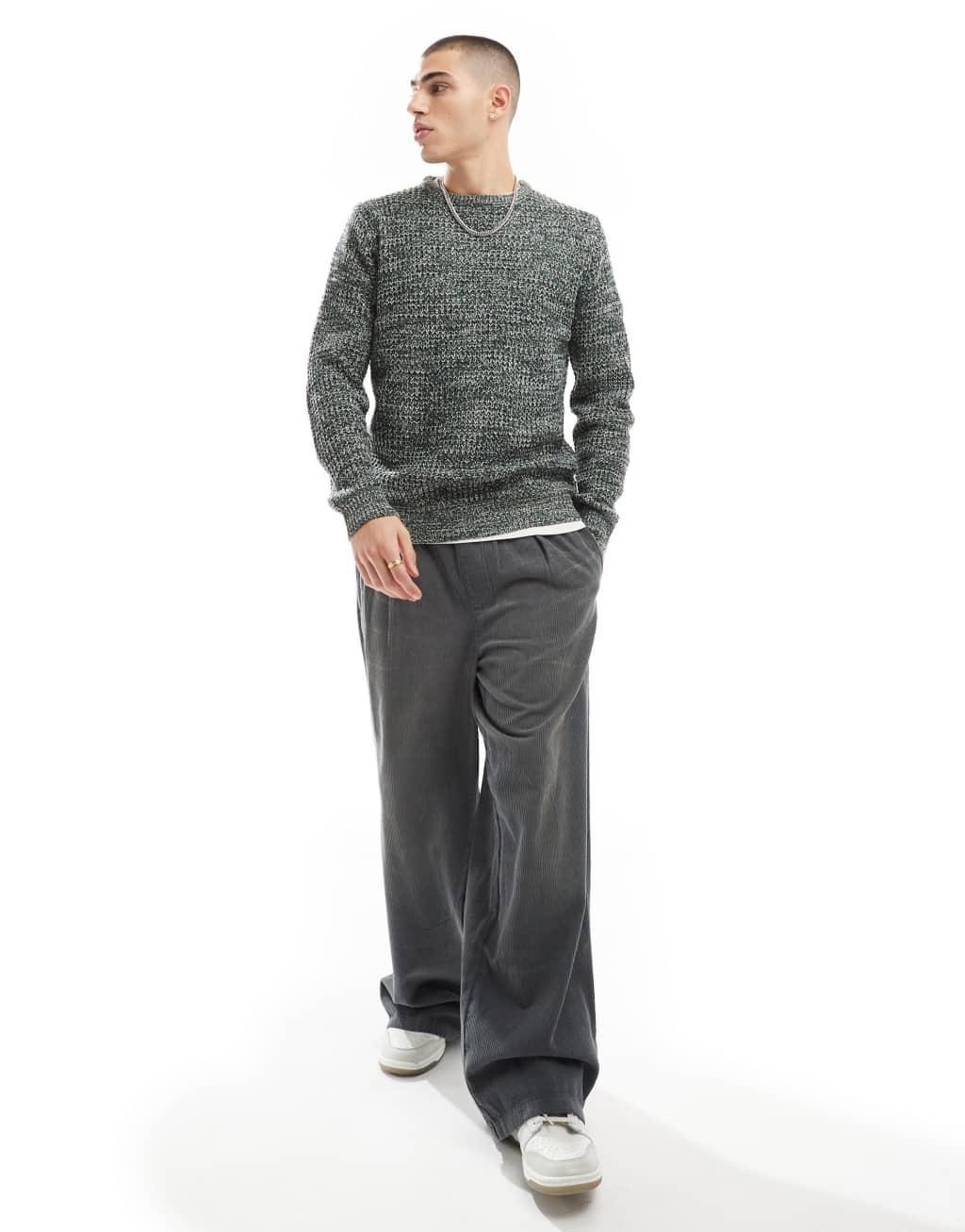 Brave Soul chunky knit crew neck sweater in green heather Product Image