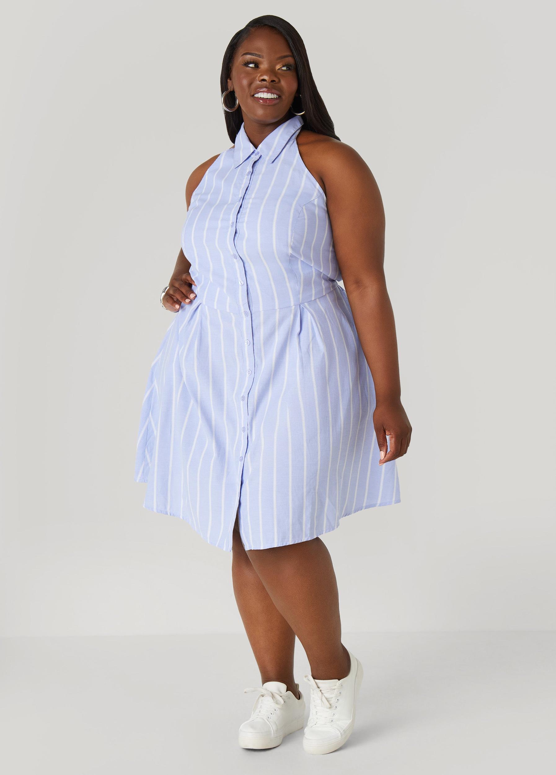 Striped Oxford Halter Dress Product Image