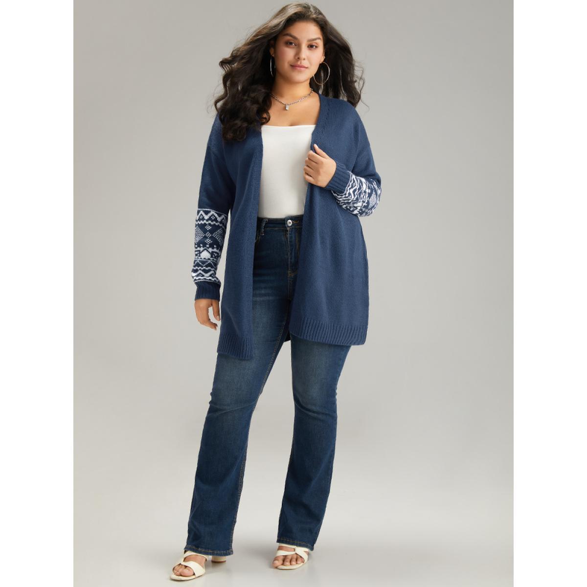 Plus Size Geometric Graphic Open Front Tunic Cardigan Indigo Women Casual Loose Long Sleeve Dailywear Cardigans BloomChic 12/L Product Image