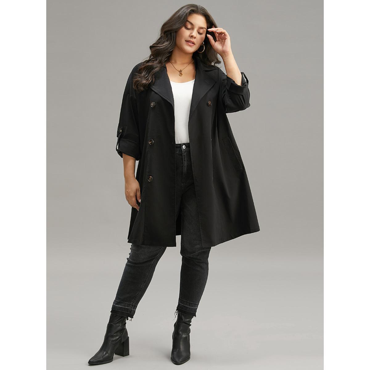 Plus Size Halloween Plain Lapel Collar Button Up Tab Sleeve Coat Women Black Casual Plain Ladies Dailywear Winter Coats BloomChic 18-20/2X Product Image