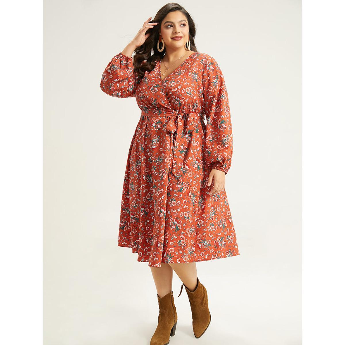Plus Size Floral Print Belted Elastic Cuffs Dress Rust Women Elegant Elastic cuffs V-neck Long Sleeve Curvy Midi Dress BloomChic 26/4X Product Image