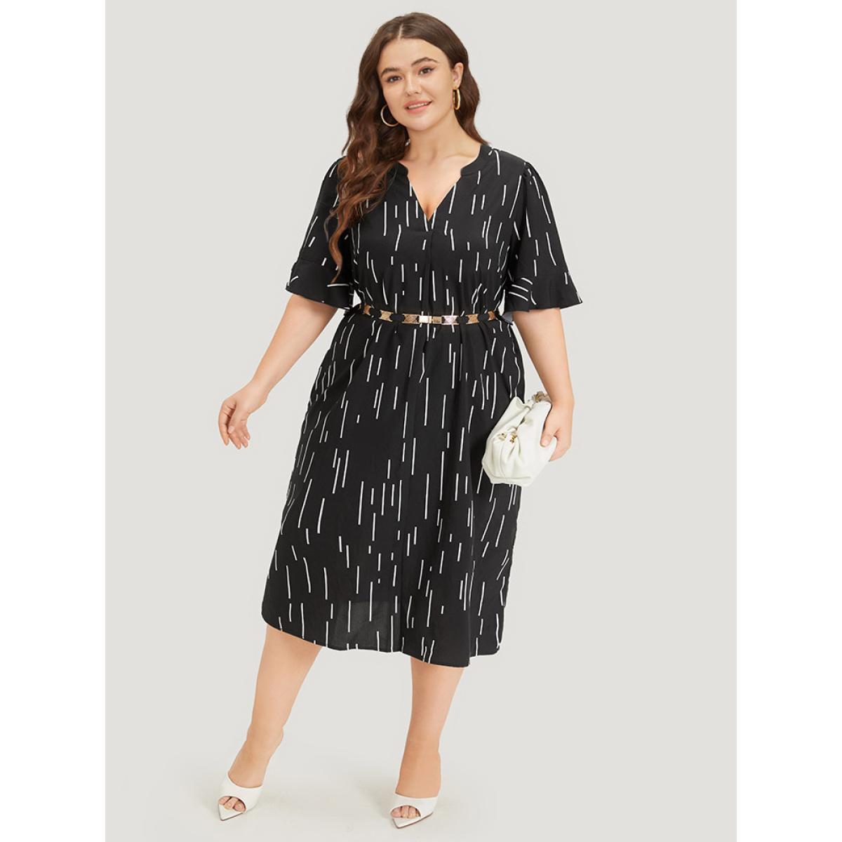 Plus Size Line Print Notched Bell Sleeve Ruffle Hem Dress Black Women Office Plain Notched collar Half Sleeve Curvy Midi Dress BloomChic 28/5X Product Image