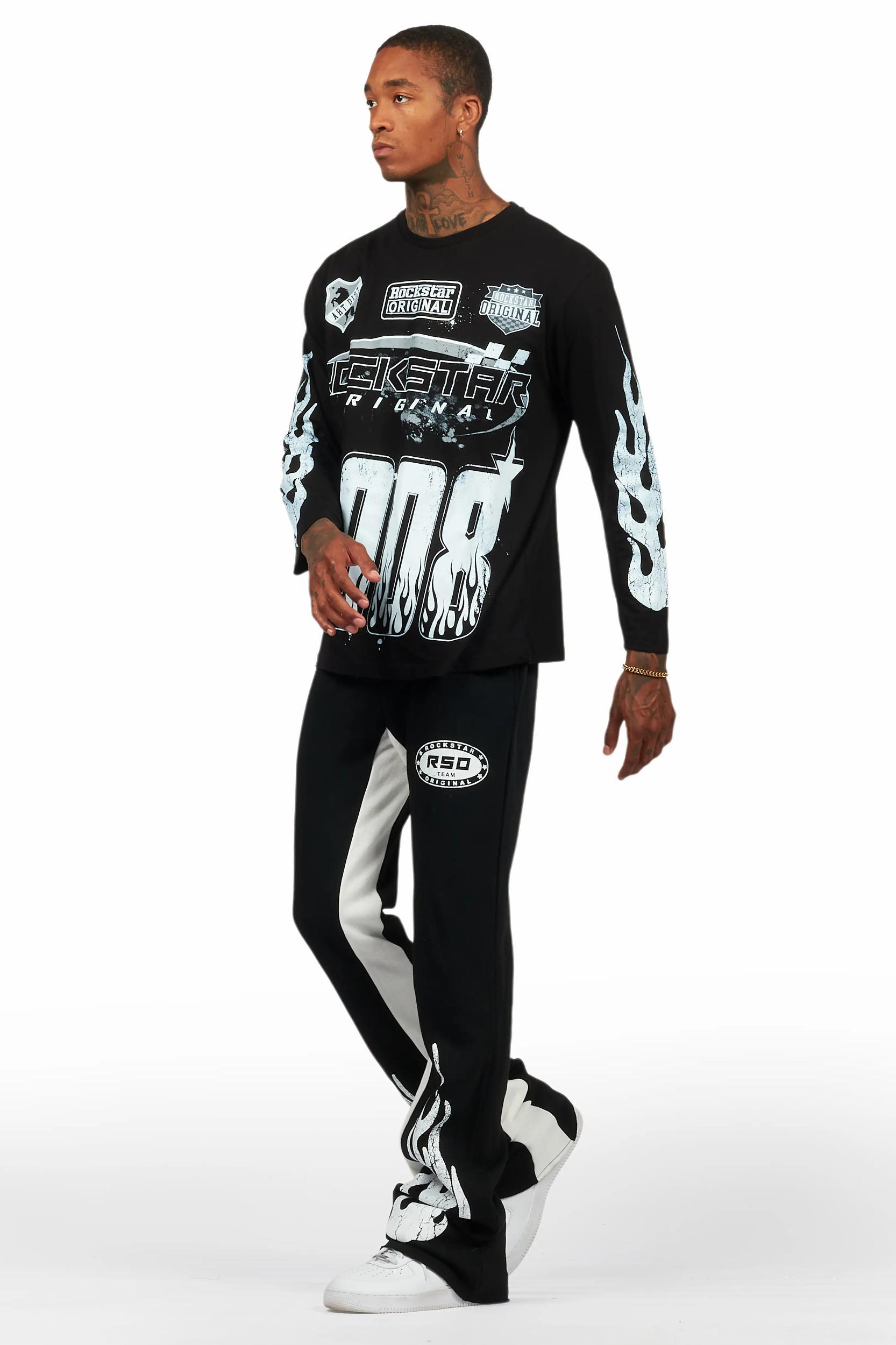 Amos Black/White Long Sleeve T-Shirt/Stacked Baggy Pant Set Male Product Image