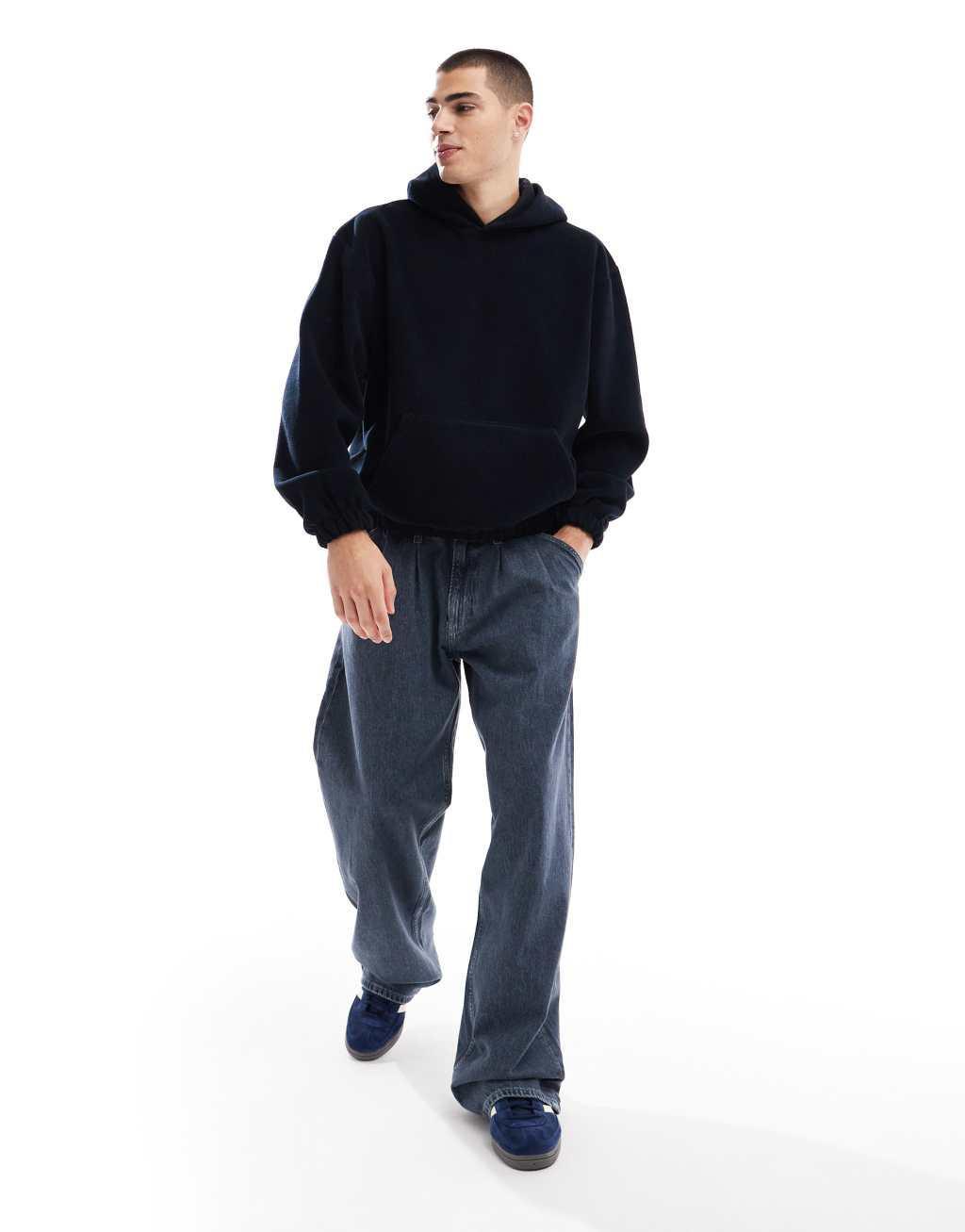 ASOS DESIGN oversized boxy fleece hoodie in navy Product Image