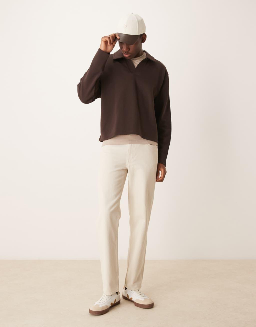 ASOS DESIGN boxy oversized smart polo sweatshirt in brown Product Image