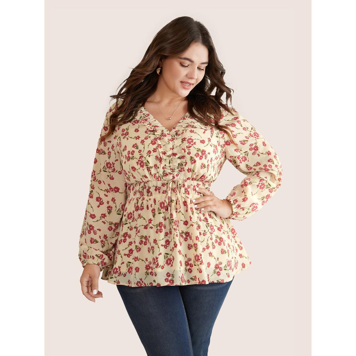 Plus Size Beige Ditsy Floral Elastic Waist Ties Ruffles Blouse Women Elegant Long Sleeve V-neck Work Blouses BloomChic 12/L Product Image