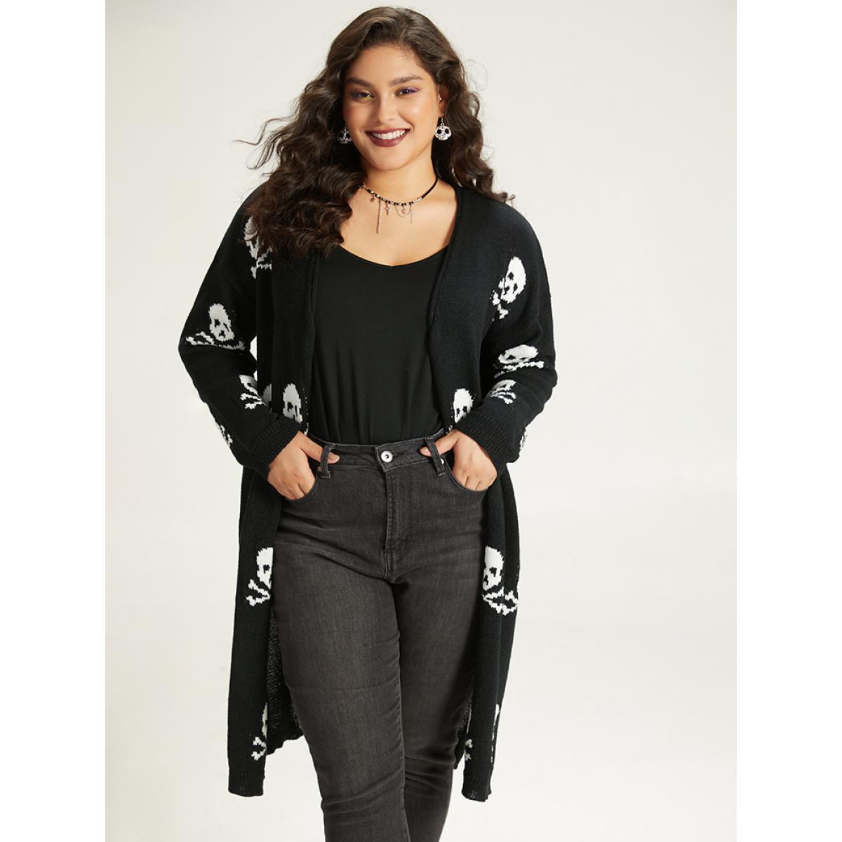 Plus Size Halloween Skull Print Split Side Drop Shoulder Maxi Cardigan Black Women Casual Loose Long Sleeve Festival-Halloween Cardigans BloomChic 22-24/3X Product Image