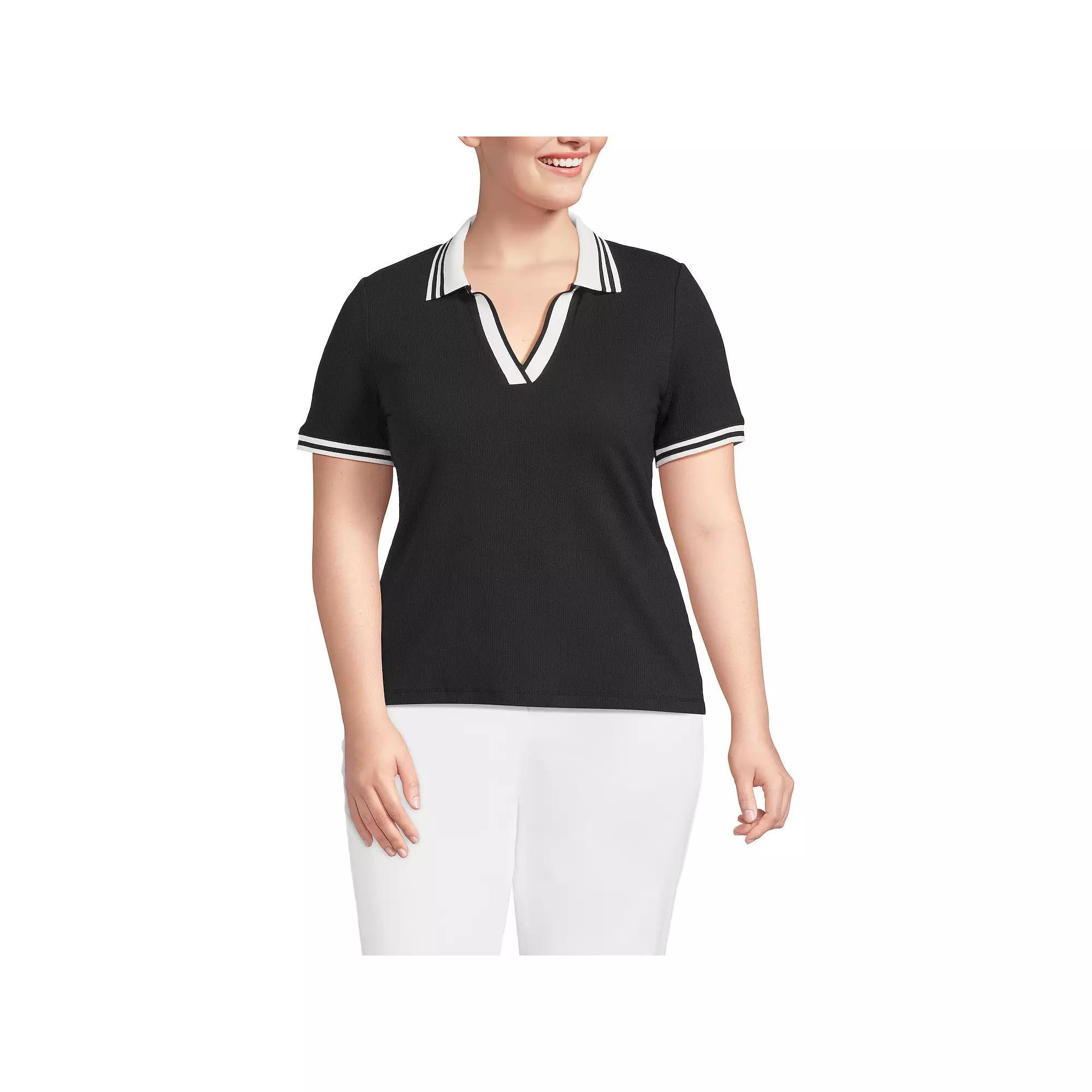 Plus Size Lands' End Short Sleeve Ribbed Polo, Women's, Size: 2XL, Blue Dual Stripe Product Image