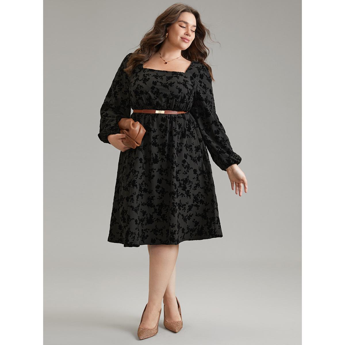Plus Size Silhouette Floral Print Flocking Square Neck Gathered Dress Black Women Office Elastic cuffs Square Neck Long Sleeve Curvy Midi Dress BloomChic 14-16/1X Product Image