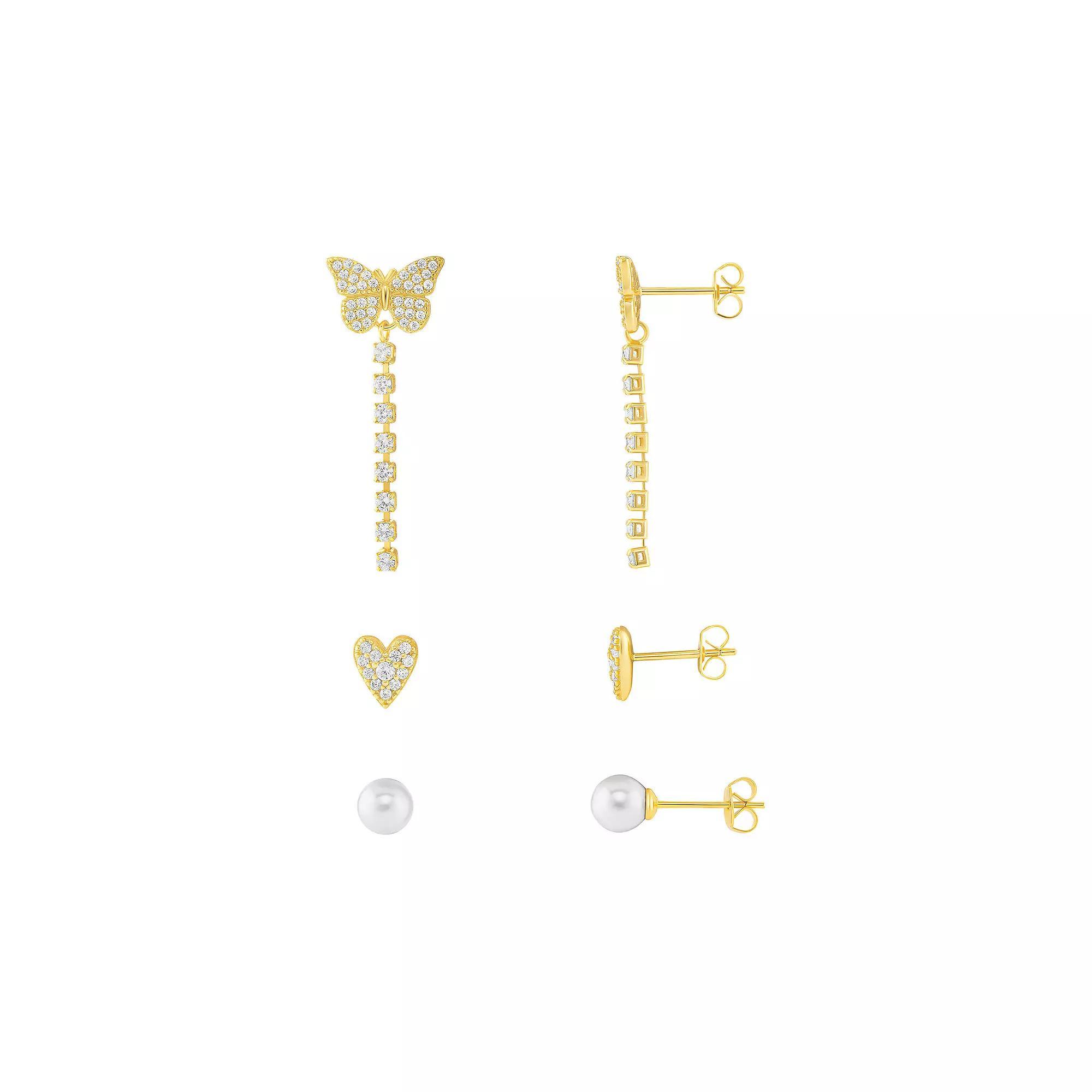 Brilliance 18k Gold Flash Plated Simulated White Glass Pearl Cubic Zirconia Stud and Drop Earrings Set, Women's, Yellow Gold Tone Clear Product Image