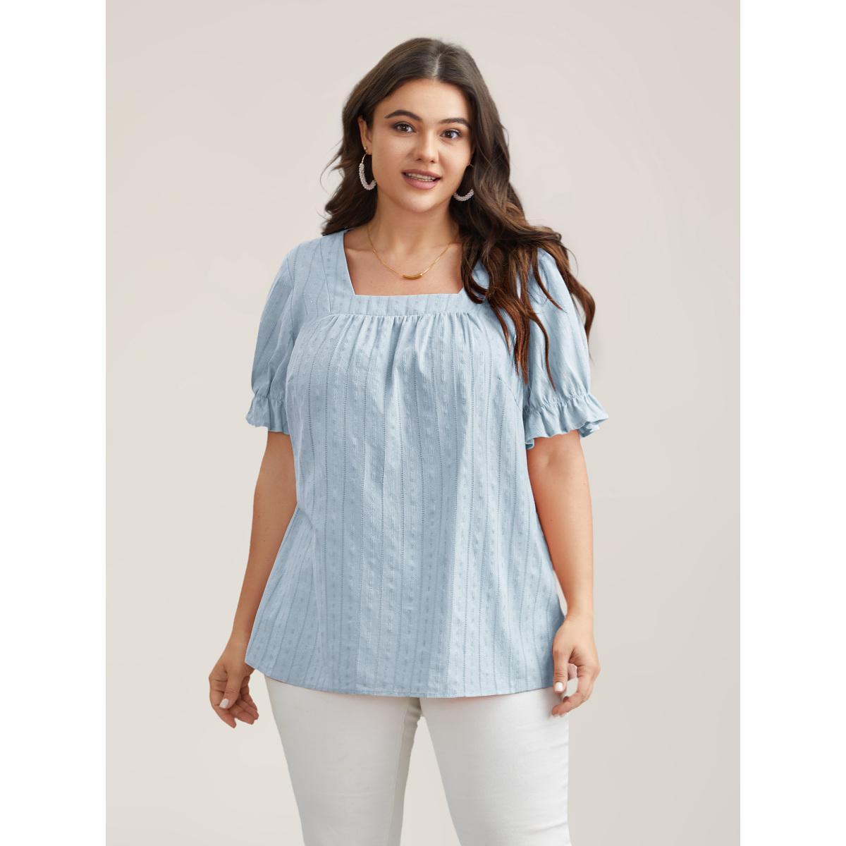 Plus Size LightBlue Cotton Square Neck Ruffled Sleeve Shirt Women Elegant Short sleeve Square Neck Everyday Blouses BloomChic 12/L Product Image