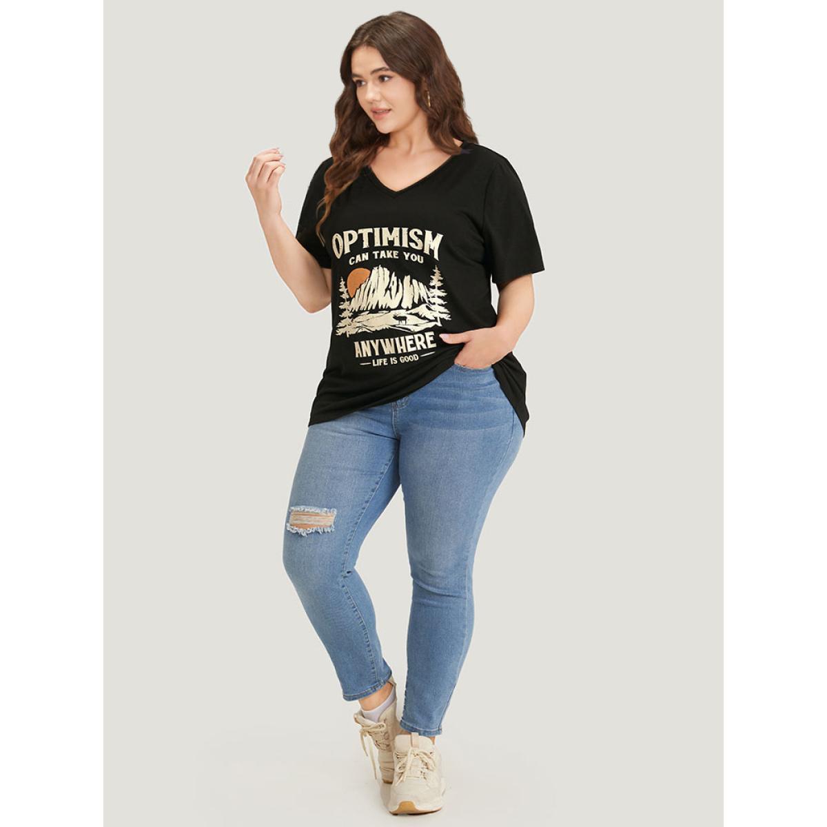 Plus Size Landscape & Letter Print V Neck T-shirt Black Women Casual Printed Landscape Dailywear T-shirts BloomChic 10/M Product Image