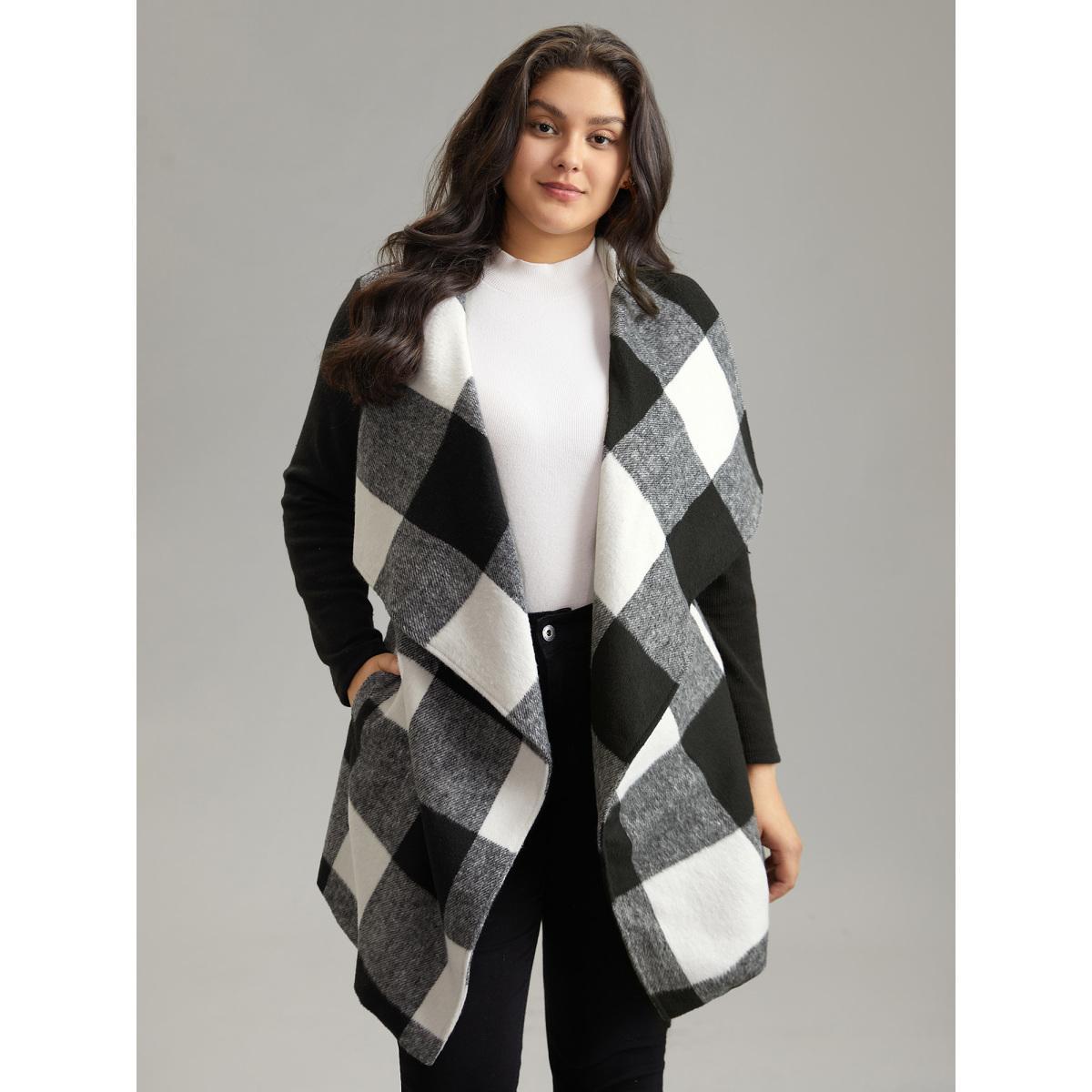 Plus Size Plaid Lapel Collar PU Leather Belted Coat Women Black Casual Belted Ladies Dailywear Winter Coats BloomChic 12/L Product Image