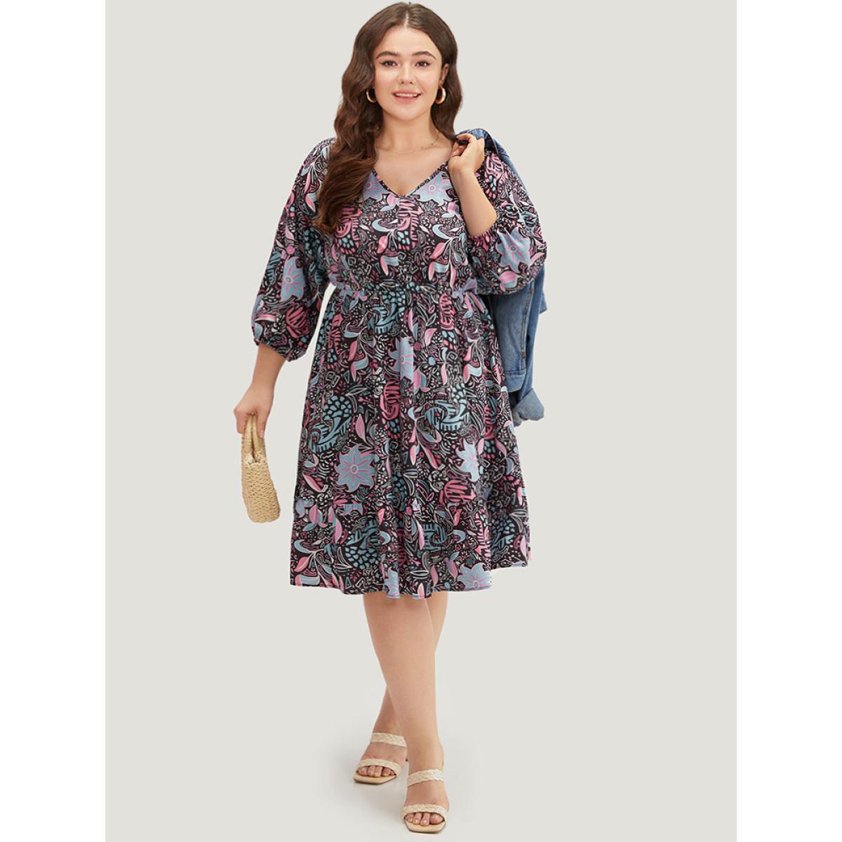 Plus Size Floral Print Lantern Sleeve Elastic Waist Dress Multicolor Women Vacation Elastic cuffs V-neck Elbow-length sleeve Curvy Midi Dress BloomChic 26/4X Product Image