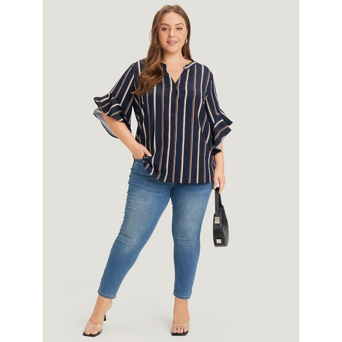 Plus Size Indigo Striped Contrast Notched Bell Sleeve Split Side Blouse Women Office Elbow-length sleeve Notched collar Dailywear Blouses BloomChic 30/6X Product Image