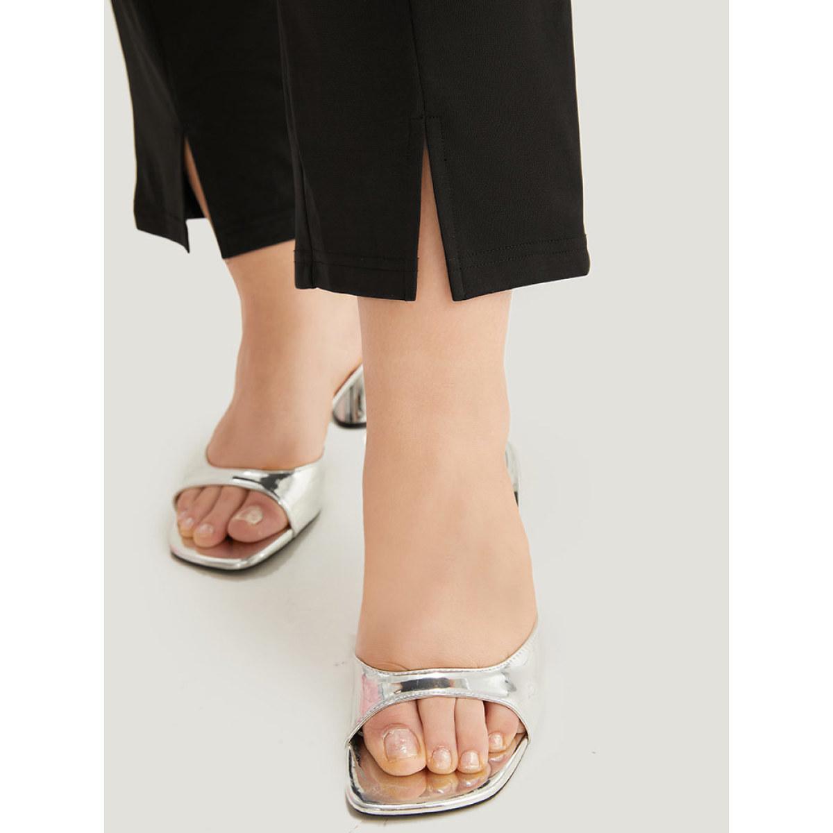 Plus Size Plain Split Hem Pocket Elastic Waist Pants Women Black At the Office High Rise Work Pants BloomChic 18-20/2X Product Image